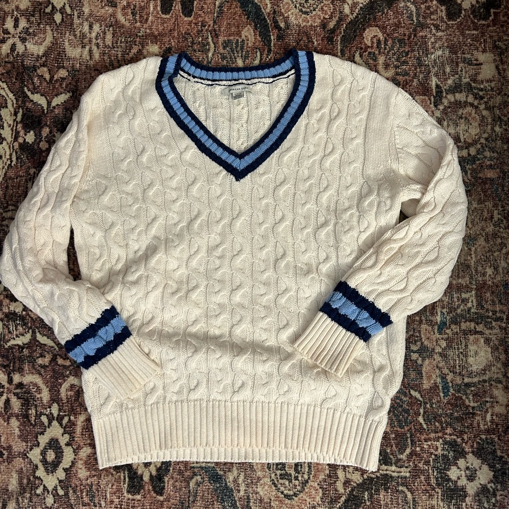 American Eagle Outfitters White Cable Knit Sweater with Blue Trim